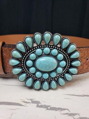 Unbranded Belt w/ Faux Turquoise Buckle in Brown - Waist size 35